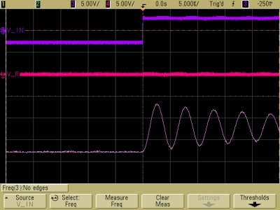 Decaying oscillations in underdamped LRC circuit, V_R, V_C, expanded